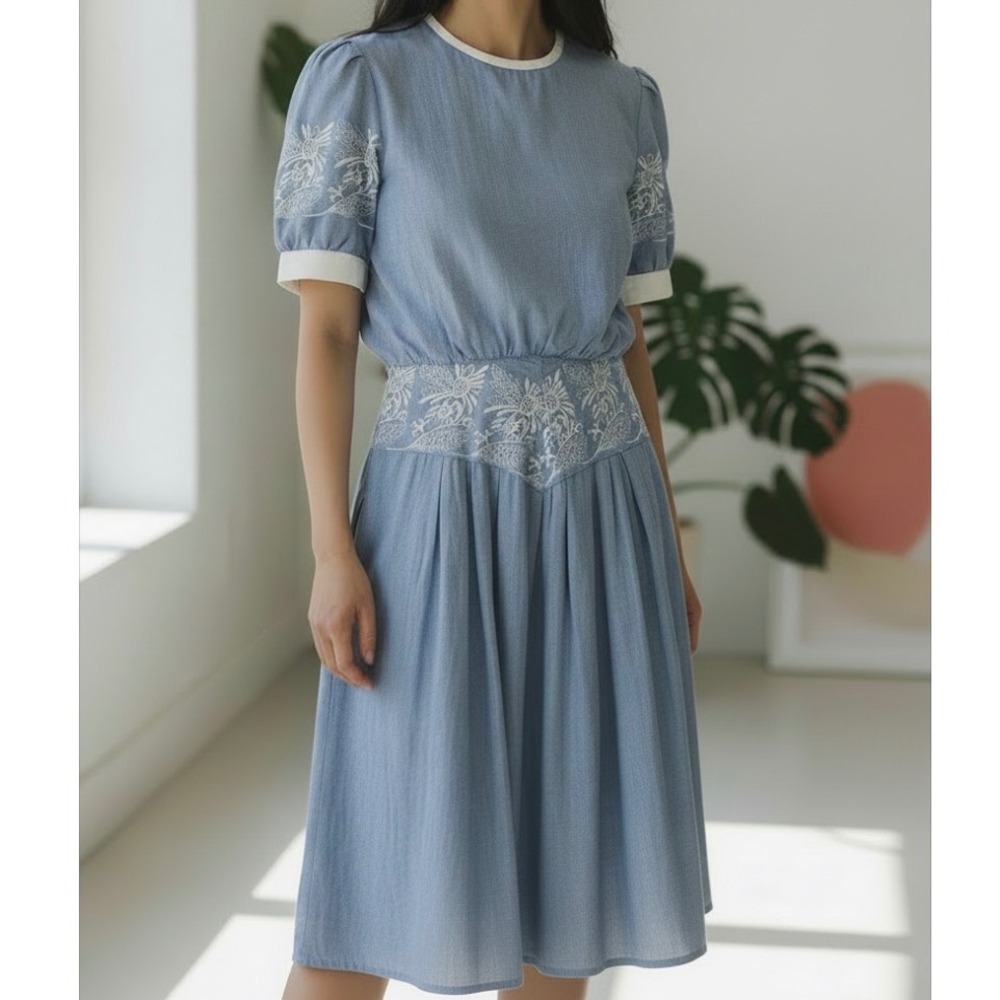 Vintage Jeffrey‎ & Dara Puff Sleeve Embroidered Floral Cottagecore Midi Dress L